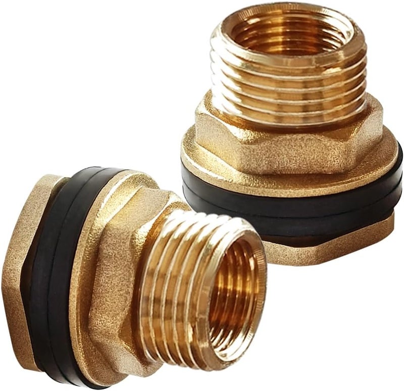 Uenede 2PCS Solid Brass Bulkhead Fitting 1/2”Female x 3/4”Male Double Threaded Bulkhead Water Tank Connector - Image 1